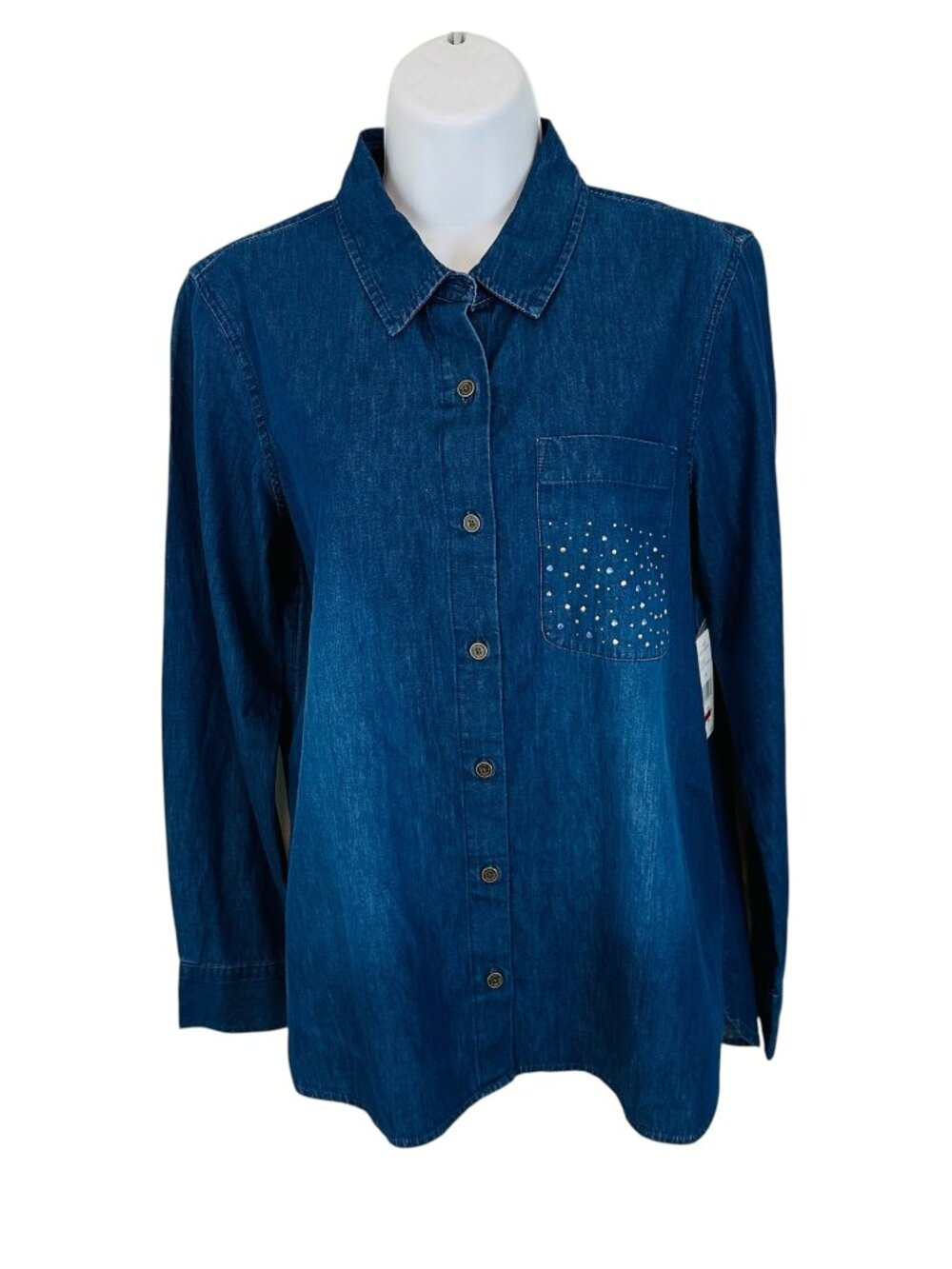 Gloria Vanderbilt Women's Size M Larissa Button Down Embellished Blue Shirt NEW